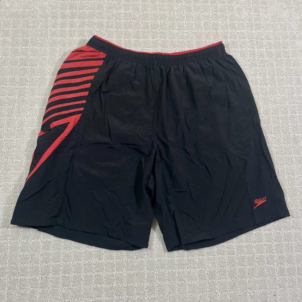 Vintage Speedo Swim Trunks Size Large Black & Red Y2K Surfing Beach Shorts